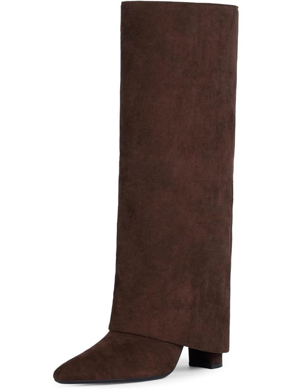 Women's Chocolate Suede Knee High Fold Over Boots Chunky Heel Pointed Toe Boots